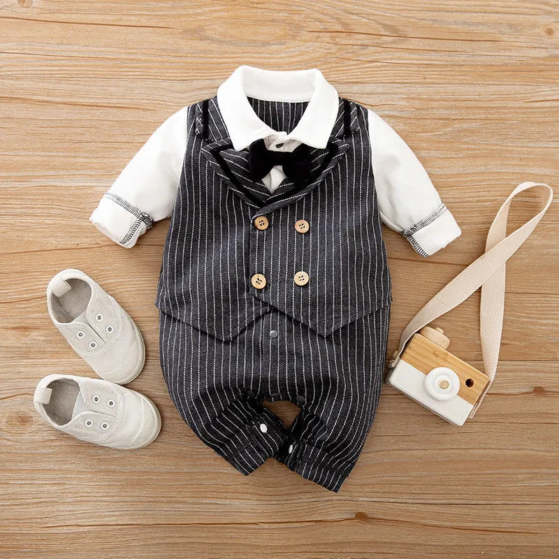 Navy blue cotton baby jumpsuit with collar and long sleeves for spring and autumn wear.