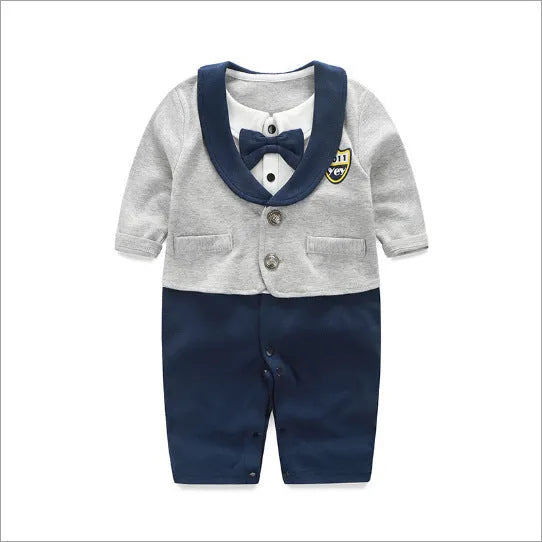 Navy blue cotton baby jumpsuit with collar and long sleeves for spring and autumn wear.