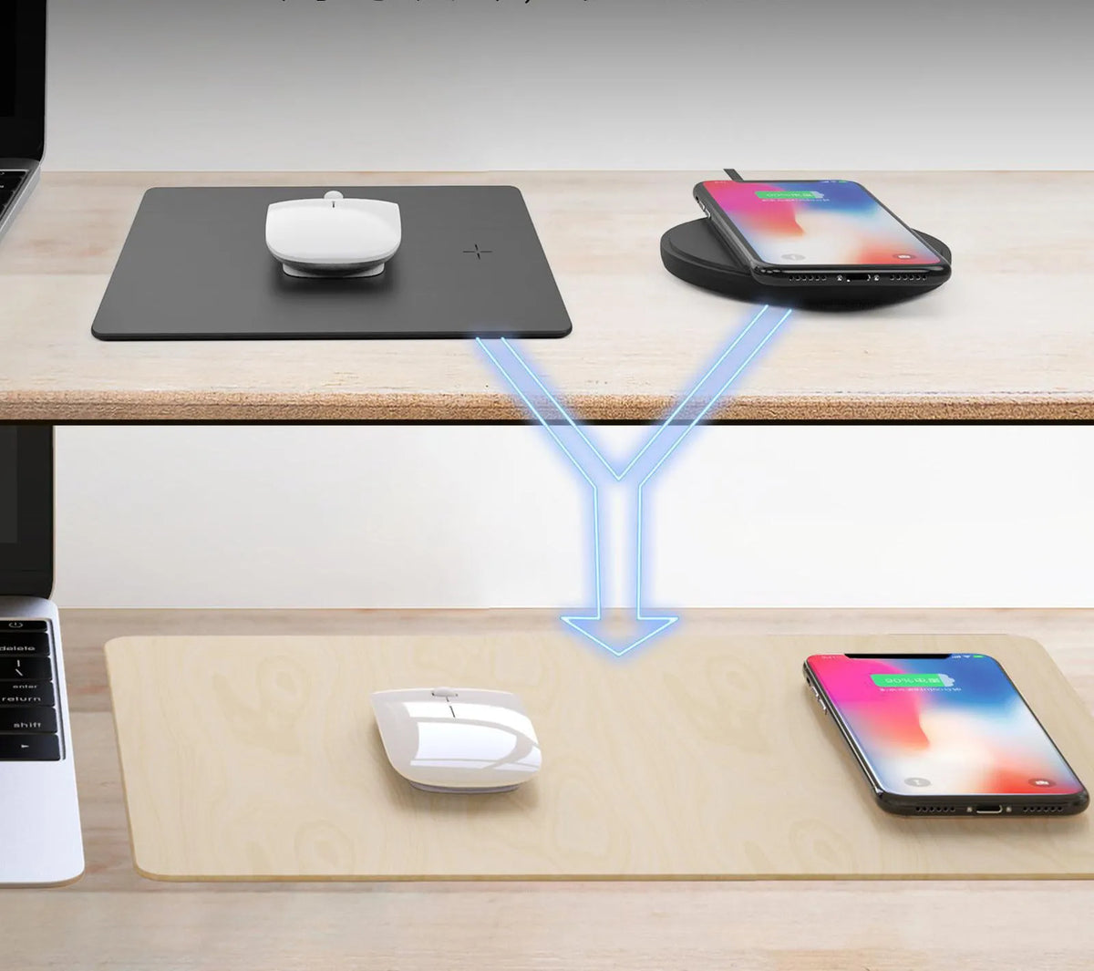 Wireless charger mouse pad in wood grain finish with a smartphone placed on the charging area, showing USB cable connected