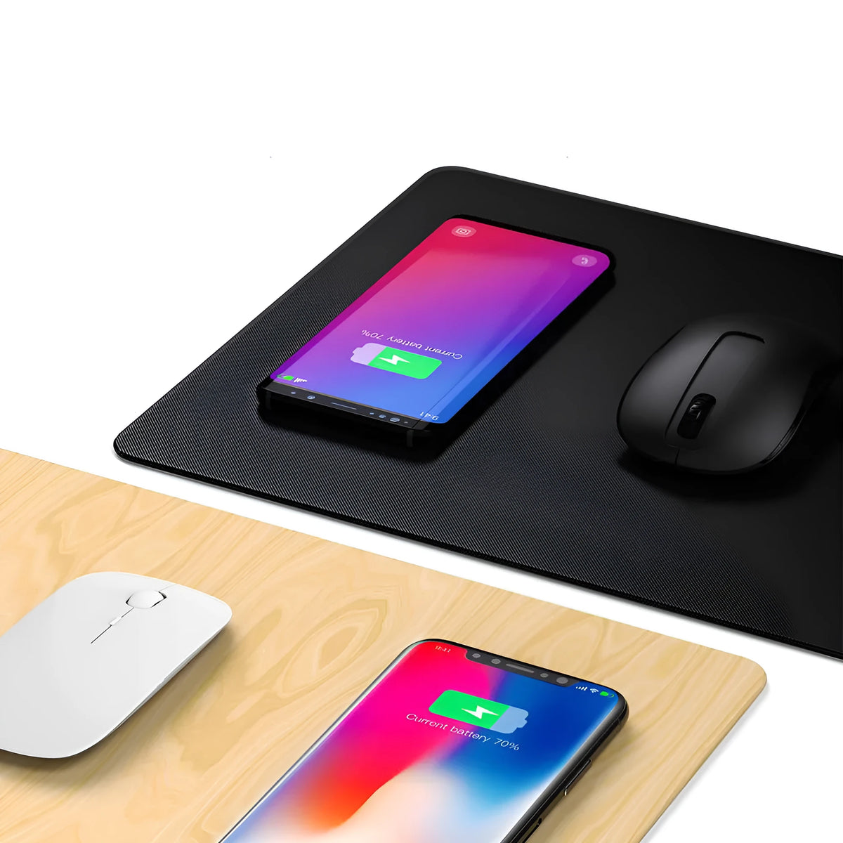 Wireless charger mouse pad in wood grain finish with a smartphone placed on the charging area, showing USB cable connected
