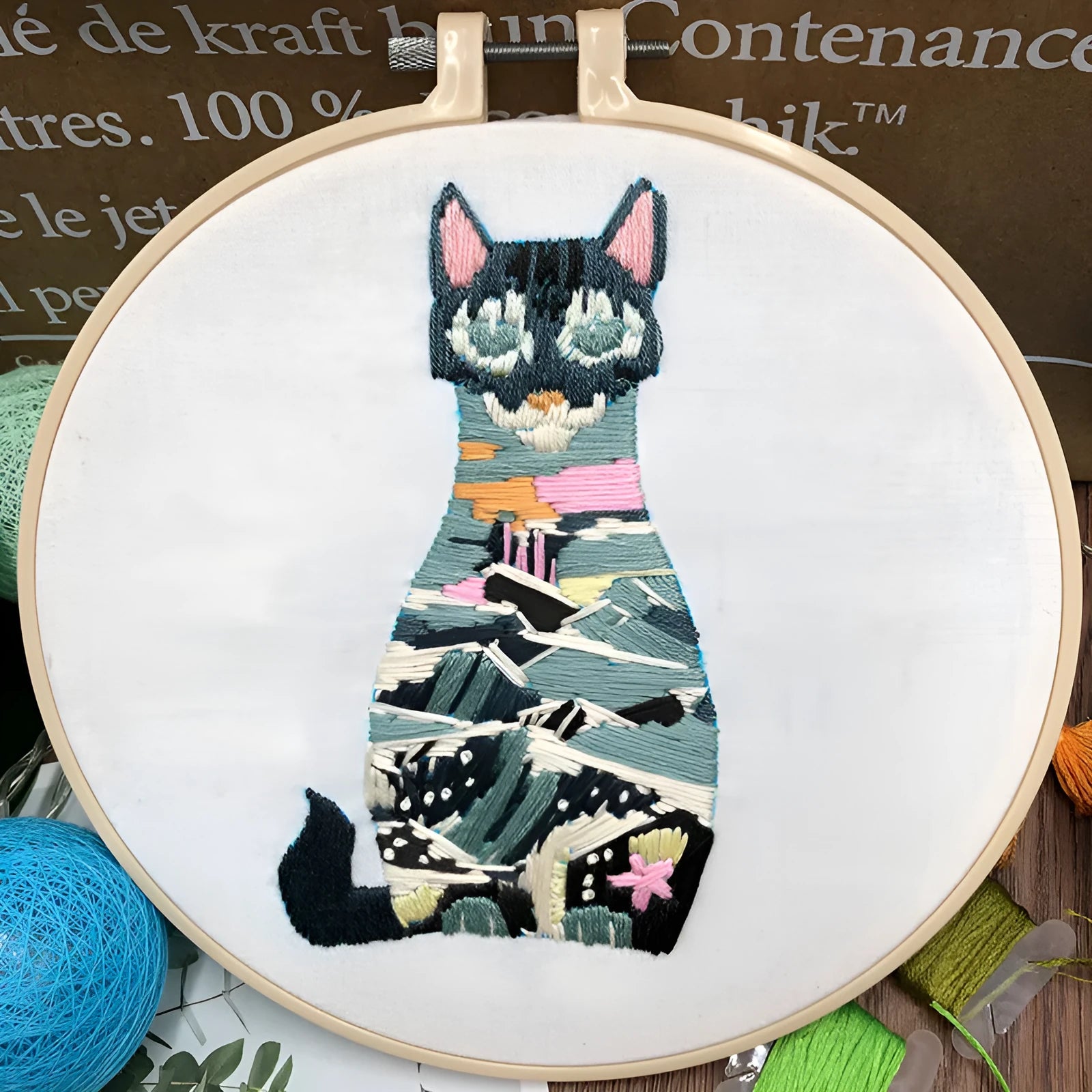 DIY cat embroidery kit with 15cm hoop and three-dimensional European embroidery materials