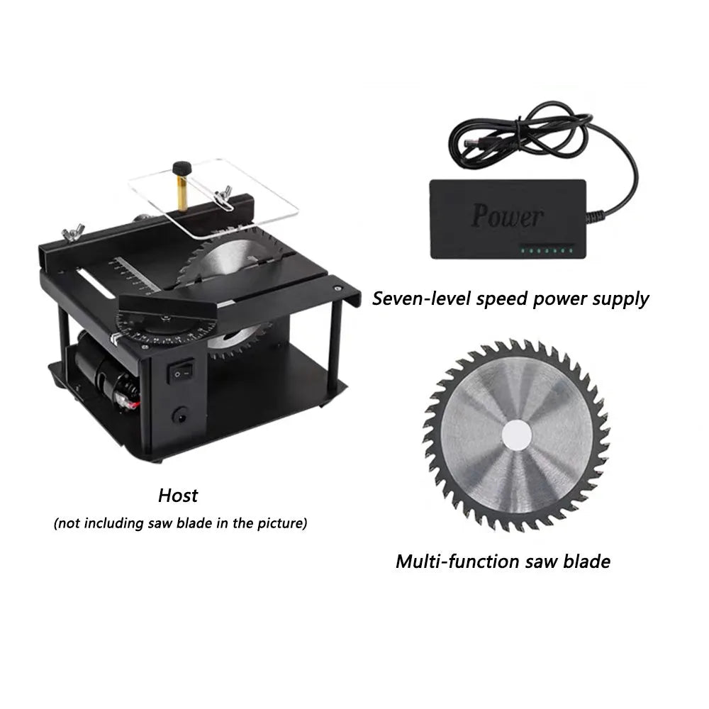 Black miniature electric table saw with a sliding cutting table and a 110mm circular saw blade.