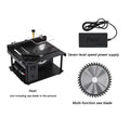 Black miniature electric table saw with a sliding cutting table and a 110mm circular saw blade.