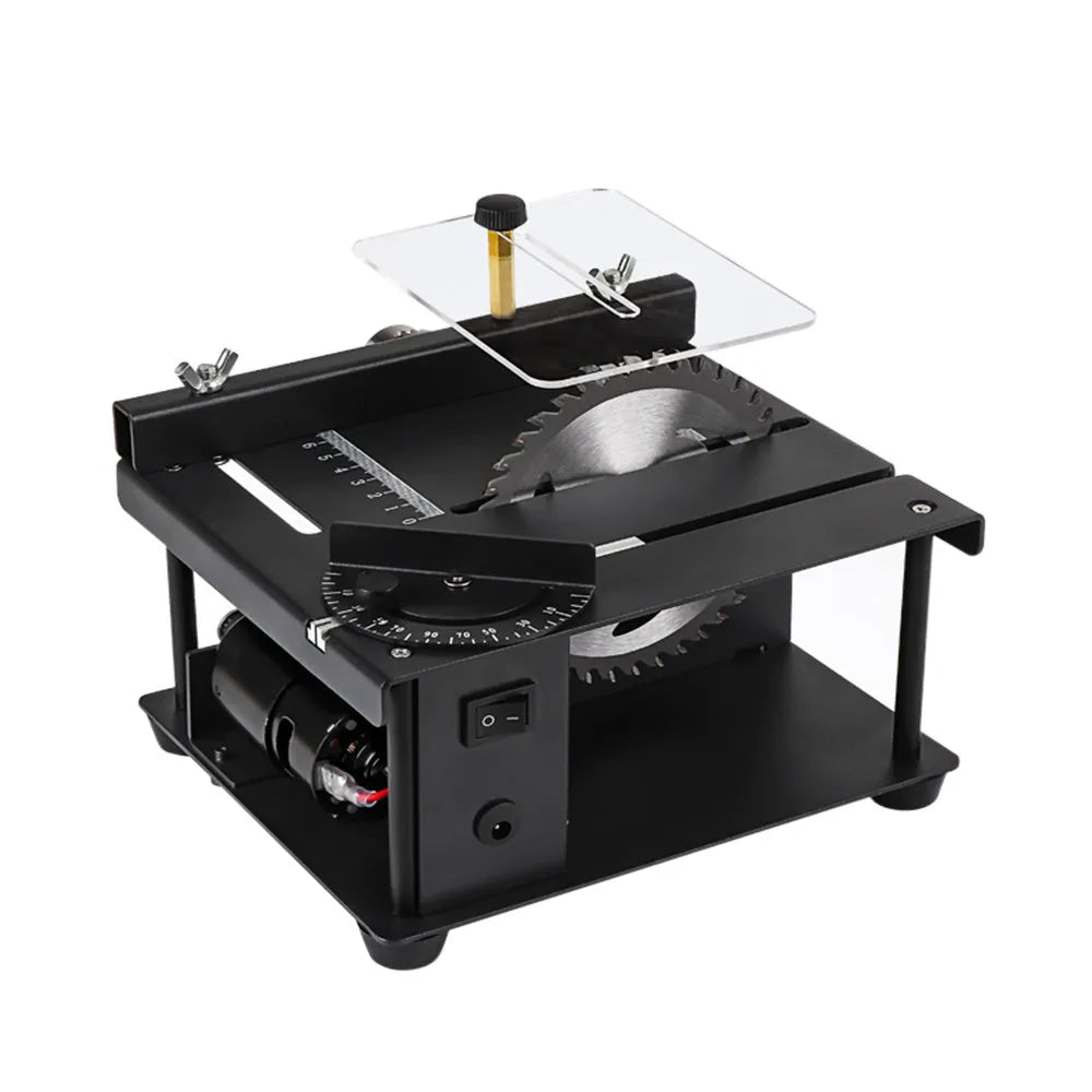 Black miniature electric table saw with a sliding cutting table and a 110mm circular saw blade.