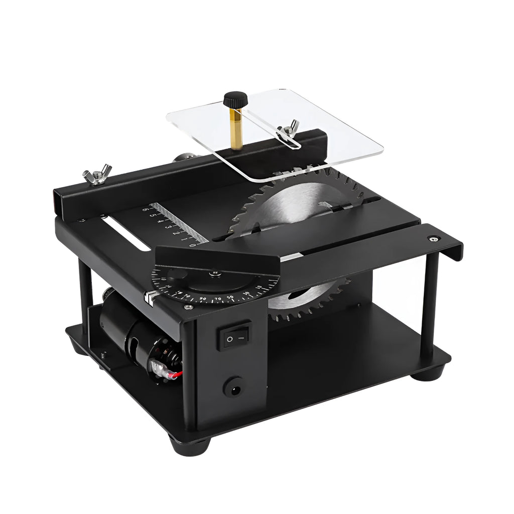 Black miniature electric table saw with a sliding cutting table and a 110mm circular saw blade.