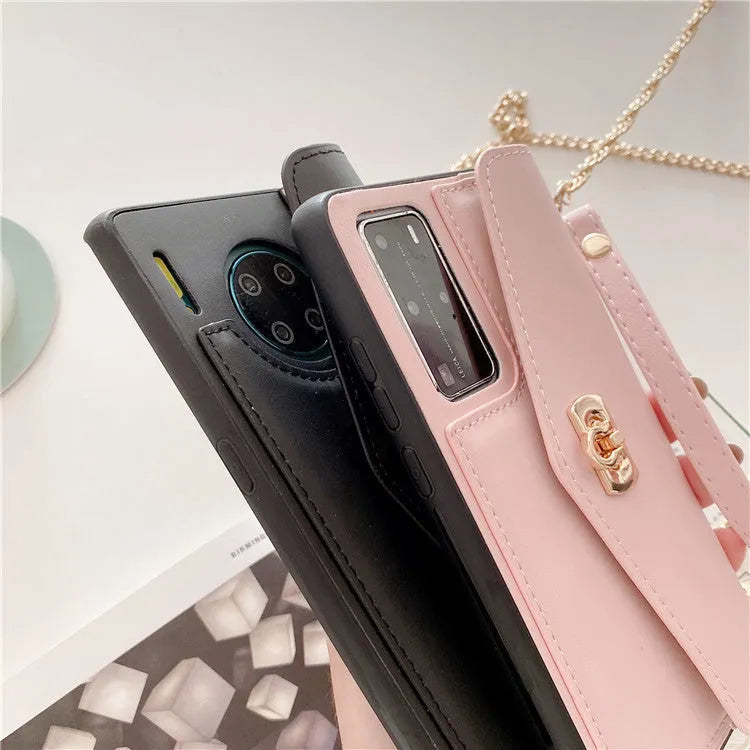 Leather pattern handbag phone case for Huawei with diagonal gold chain in pink, black, green, gray