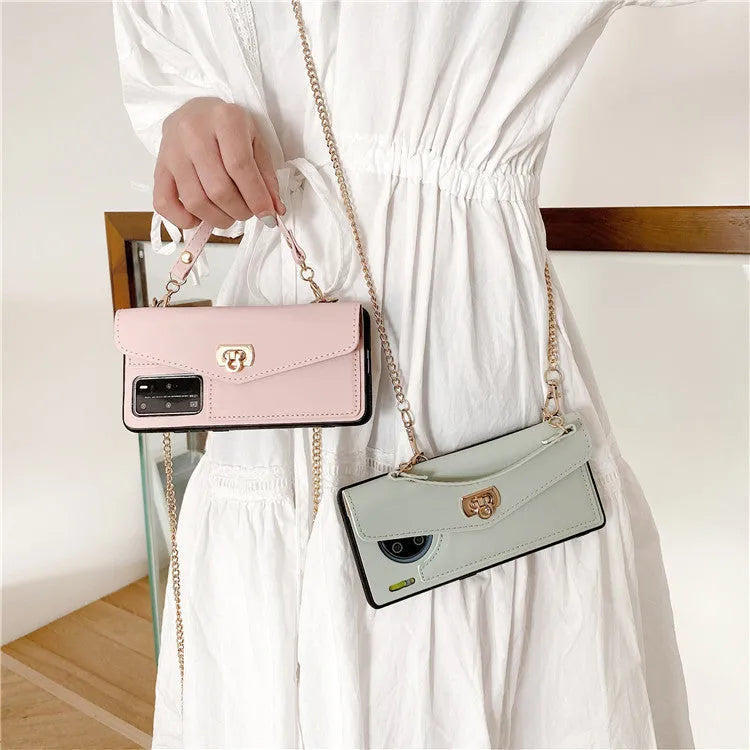 Leather pattern handbag phone case for Huawei with diagonal gold chain in pink, black, green, gray