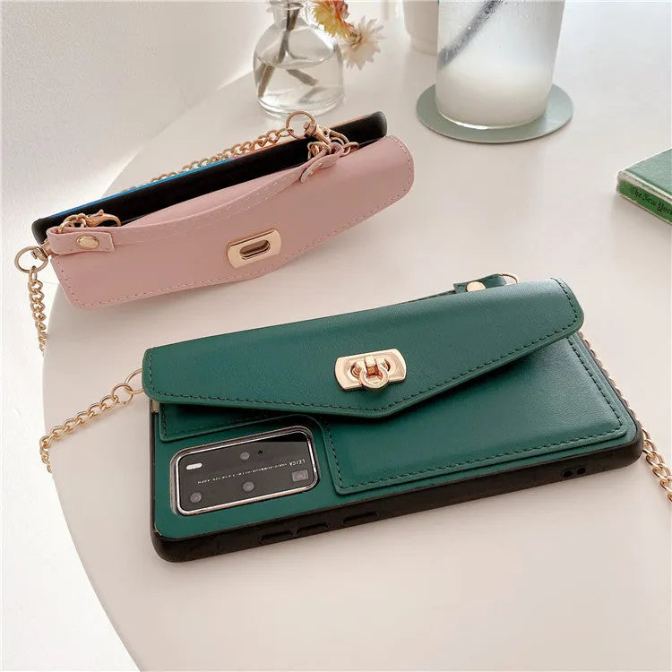 Leather pattern handbag phone case for Huawei with diagonal gold chain in pink, black, green, gray