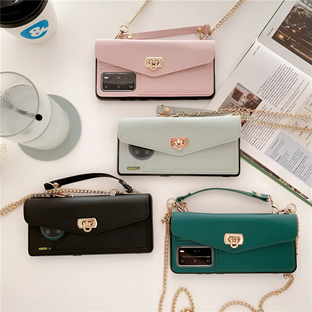 Leather pattern handbag phone case for Huawei with diagonal gold chain in pink, black, green, gray