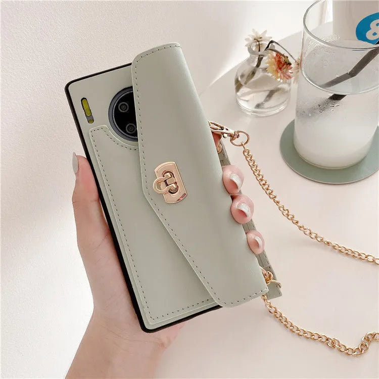 Leather pattern handbag phone case for Huawei with diagonal gold chain in pink, black, green, gray