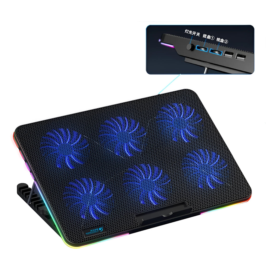 Plastic 6-fan adjustable RGB notebook cooler, 360 x 255 x 27mm, for notebook, ultrabook and playbook desk use