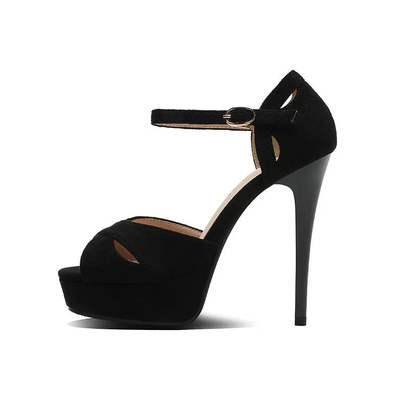 Black women's stiletto heel sandals with fish mouth toe and waterproof platform.