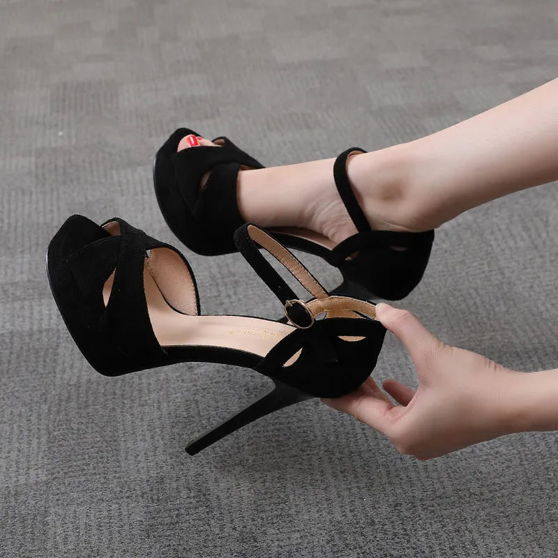 Black women's stiletto heel sandals with fish mouth toe and waterproof platform.