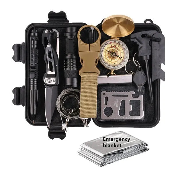 13-piece stainless steel outdoor survival tool set in black shockproof box with compass, flashlight, and wire saw