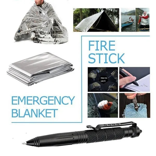 13-piece stainless steel outdoor survival tool set in black shockproof box with compass, flashlight, and wire saw