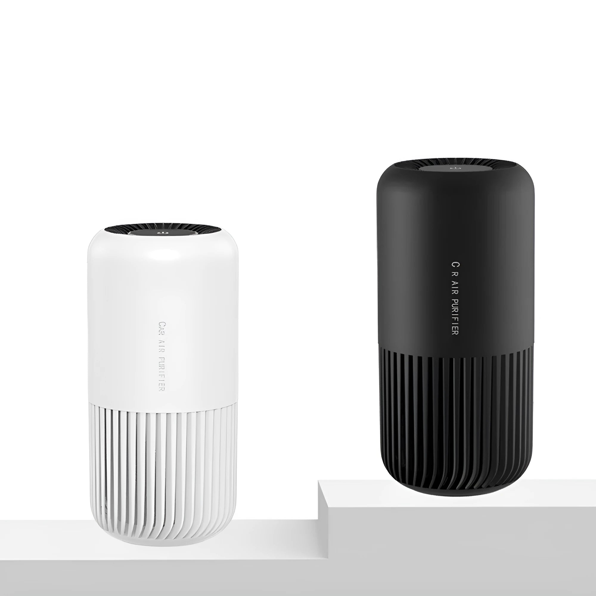 Desktop air purifier with smart display and touch control in black and white, USB powered