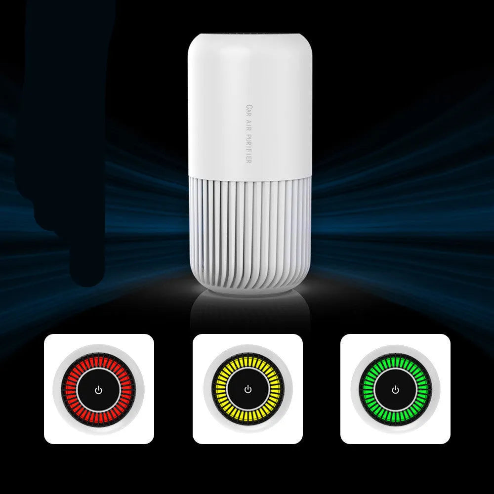 Desktop air purifier with smart display and touch control in black and white, USB powered