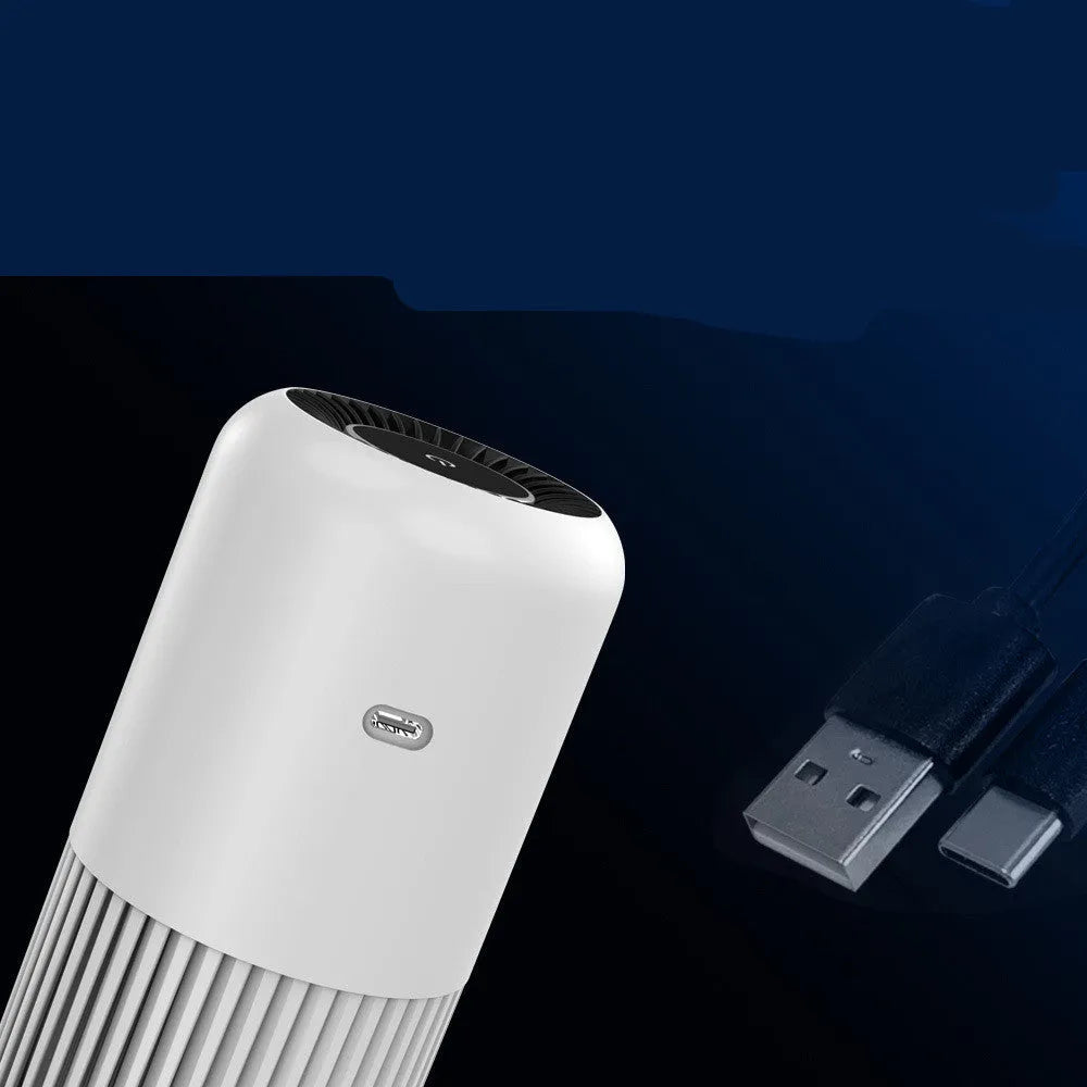 Desktop air purifier with smart display and touch control in black and white, USB powered