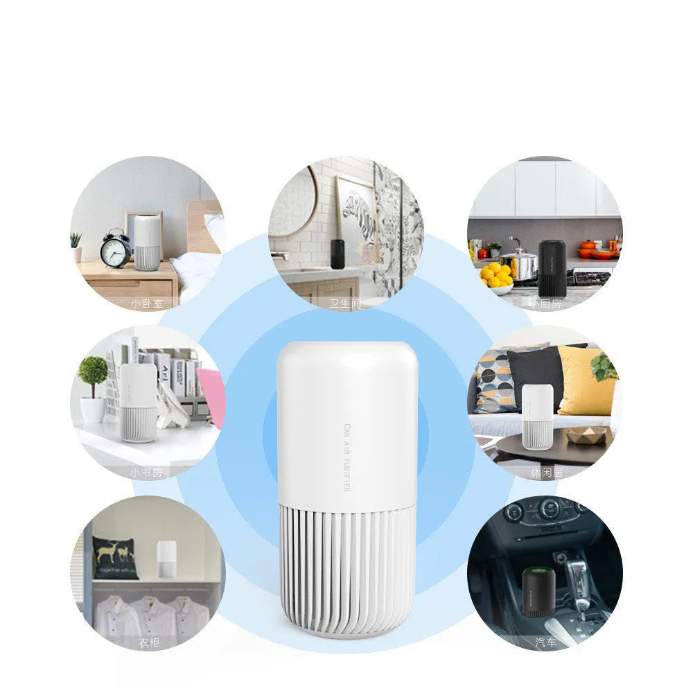 Desktop air purifier with smart display and touch control in black and white, USB powered