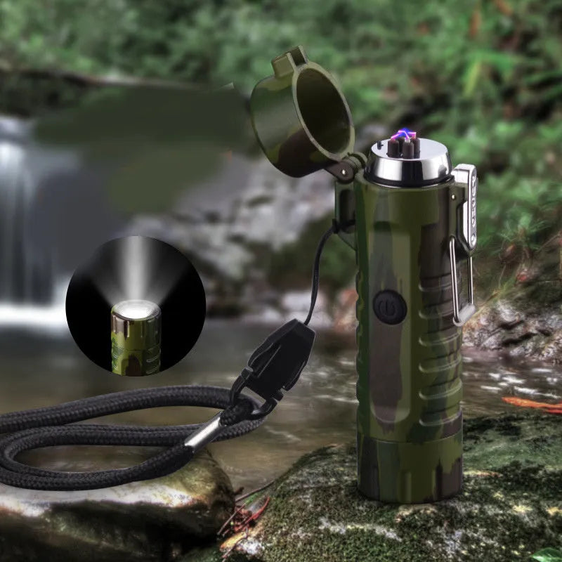 Rechargeable USB pulse lighter with compass and three-speed flashlight, outdoor travel tool