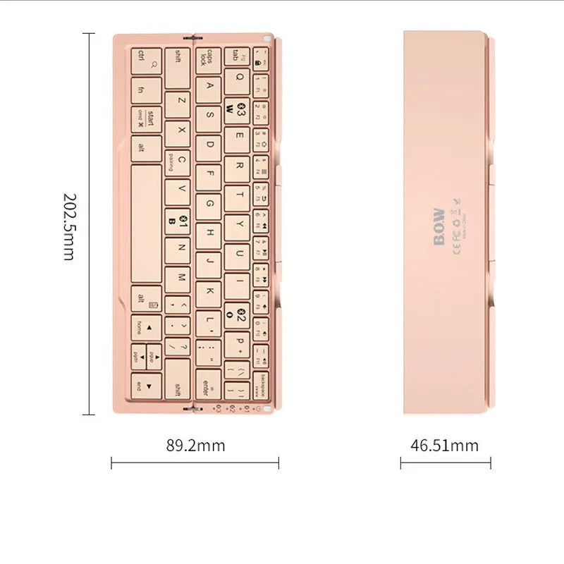 Silver white aluminium folding Bluetooth keyboard open with phone in stand showing 60-key layout
