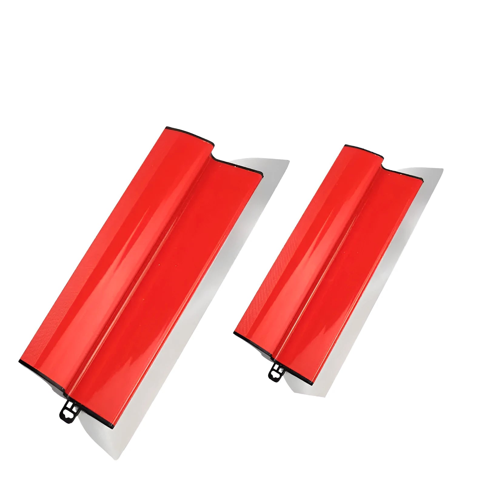 Red metal leveling scraper tool with a 40cm long blade for wall putty and wallpaper paste.