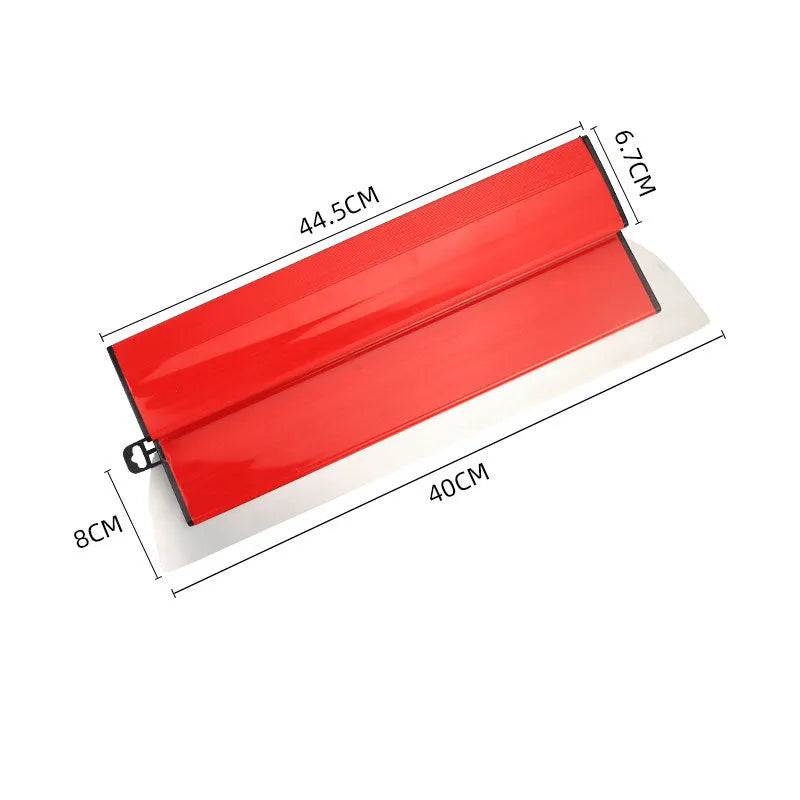 Red metal leveling scraper tool with a 40cm long blade for wall putty and wallpaper paste.