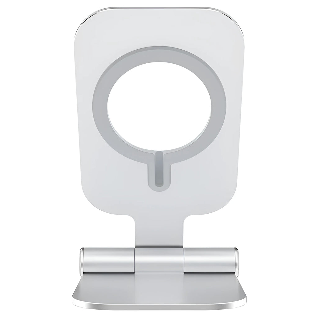 NILLKIN silver foldable aluminium alloy magnetic wireless charging stand for iPhone 12 Mini and 12 Pro Max on a desk
