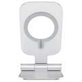 NILLKIN silver foldable aluminium alloy magnetic wireless charging stand for iPhone 12 Mini and 12 Pro Max on a desk