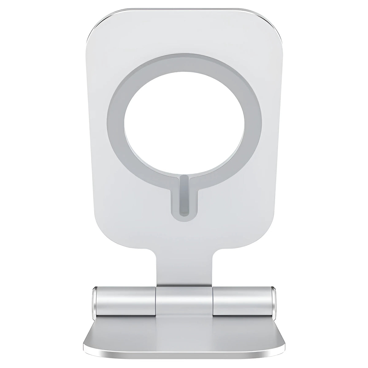 NILLKIN silver foldable aluminium alloy magnetic wireless charging stand for iPhone 12 Mini and 12 Pro Max on a desk