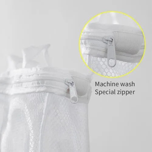 Shoe washing bag in blue mesh with foam padding, hidden zipper, and side lanyards for machine washing