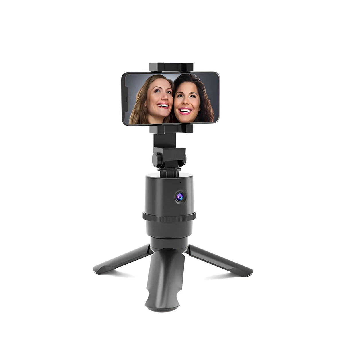 360-degree rotating AI tracking smartphone camera bracket on a table, showing phone clip and pan-tilt mechanism.