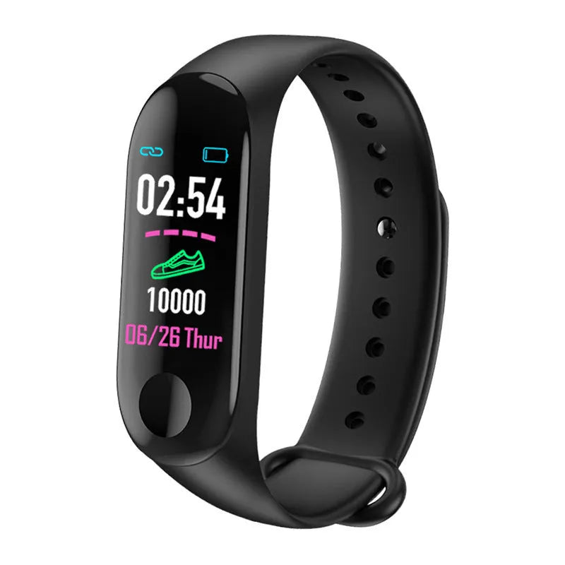 M3 Smart Bracelet with colour screen showing fitness metrics on a black TPE wristband.