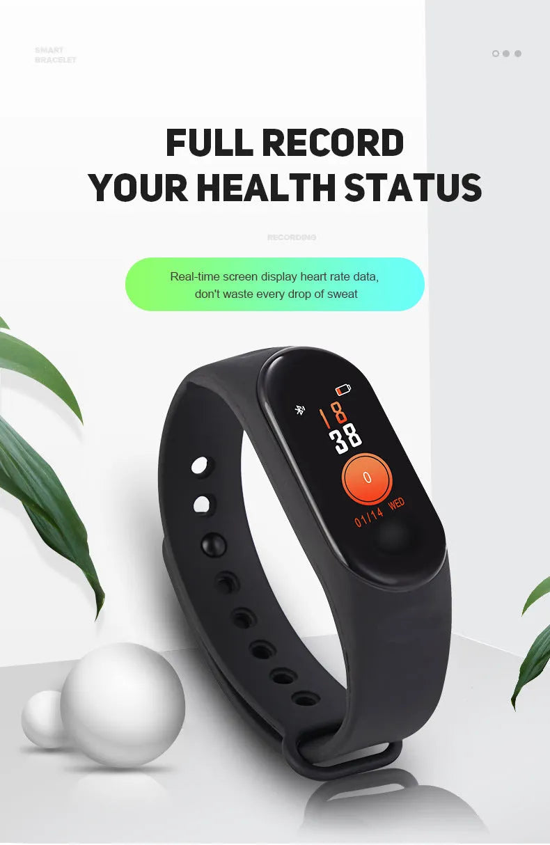 M3 Smart Bracelet with colour screen showing fitness metrics on a black TPE wristband.