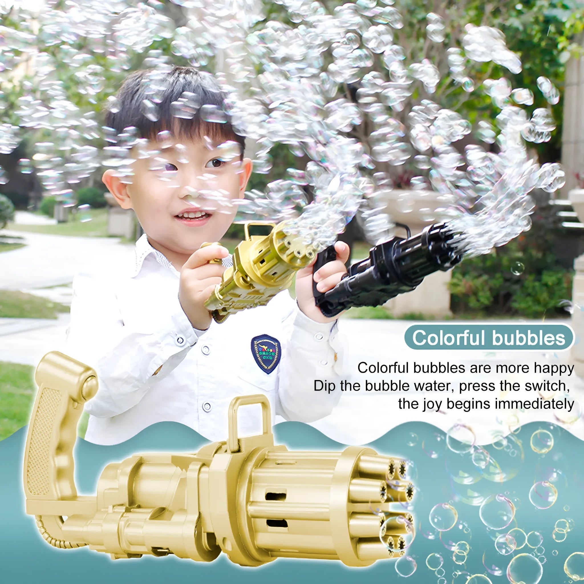 Kids bubble machine gun toy in pink, gold, or black colours with battery compartment and bubble solution