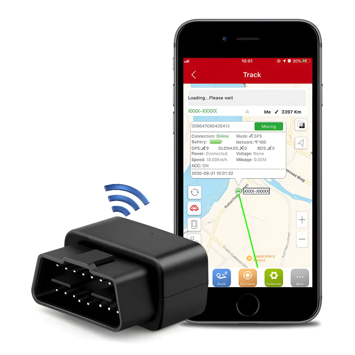 Black OBD GPS locator with ABS housing measuring 42x37x22 mm and built-in antenna for plug-and-play vehicle tracking