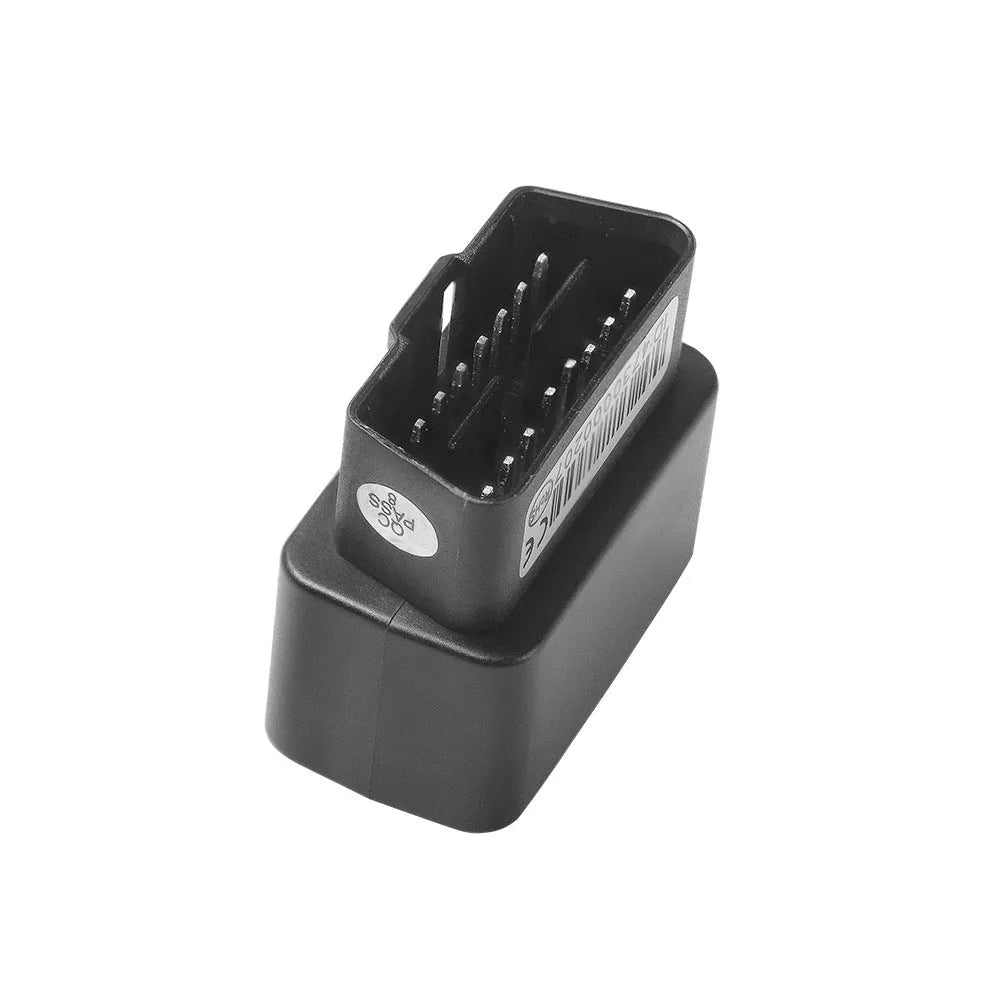 Black OBD GPS locator with ABS housing measuring 42x37x22 mm and built-in antenna for plug-and-play vehicle tracking
