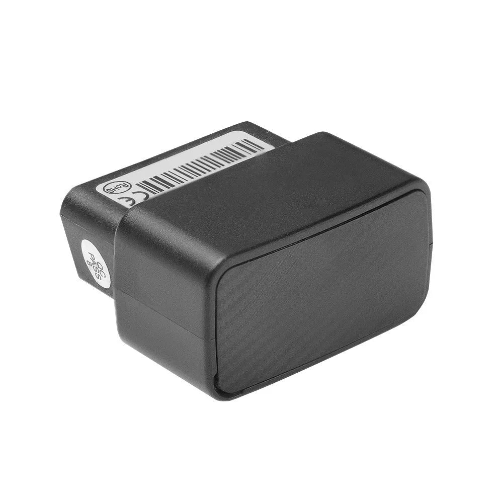 Black OBD GPS locator with ABS housing measuring 42x37x22 mm and built-in antenna for plug-and-play vehicle tracking