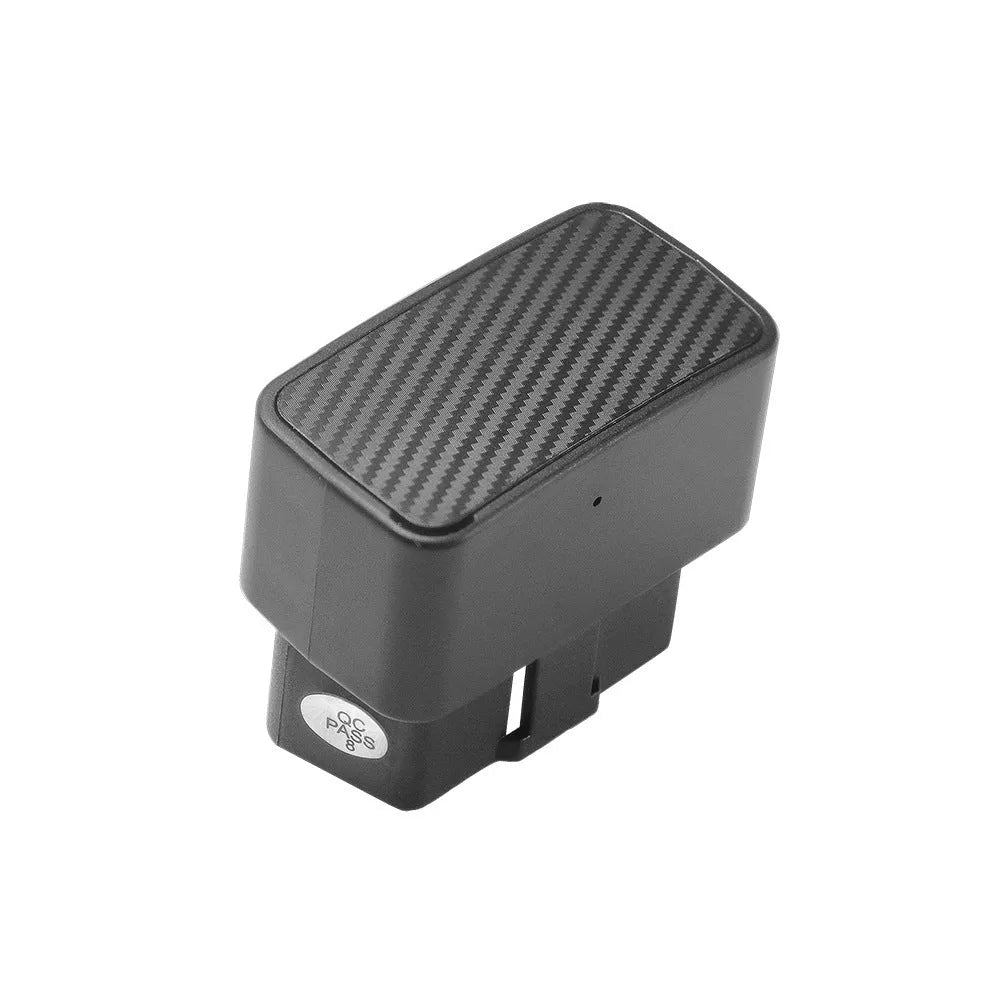 Black OBD GPS locator with ABS housing measuring 42x37x22 mm and built-in antenna for plug-and-play vehicle tracking