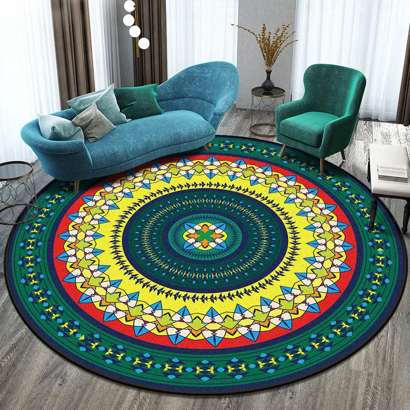 Machine woven round polyester rug with national style pattern in living room setting