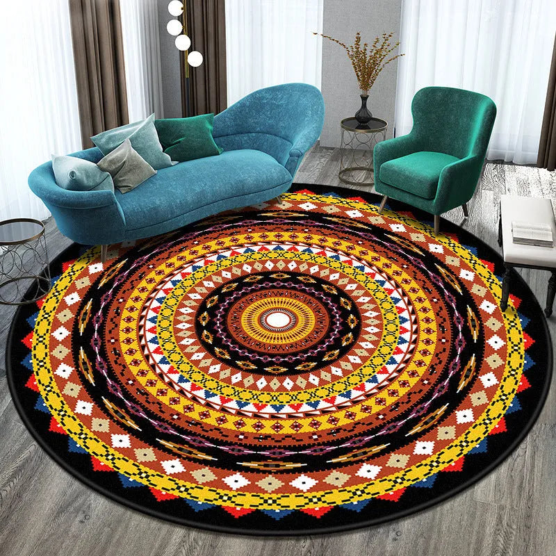 Machine woven round polyester rug with national style pattern in living room setting