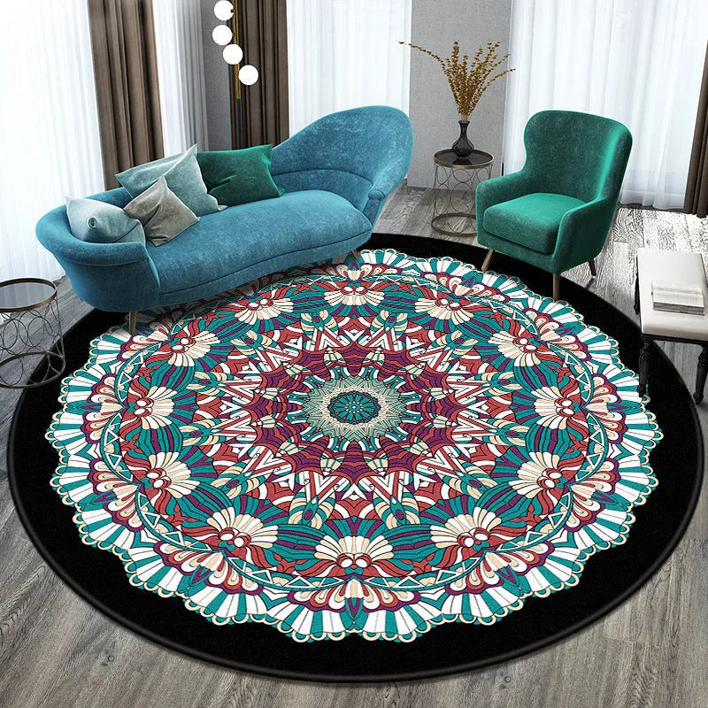 Machine woven round polyester rug with national style pattern in living room setting