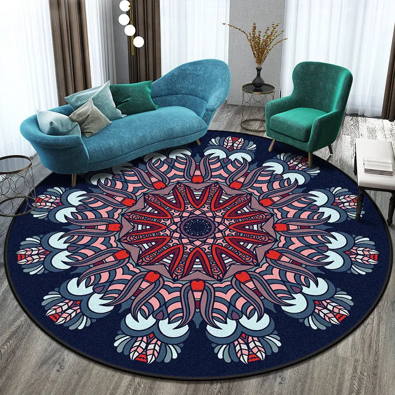 Machine woven round polyester rug with national style pattern in living room setting