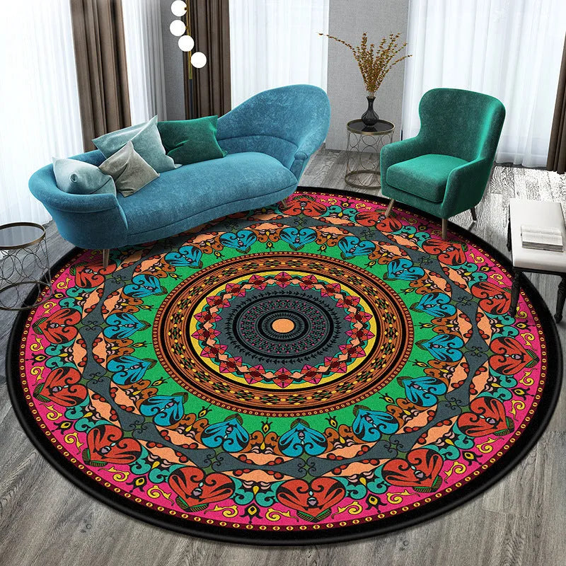 Machine woven round polyester rug with national style pattern in living room setting