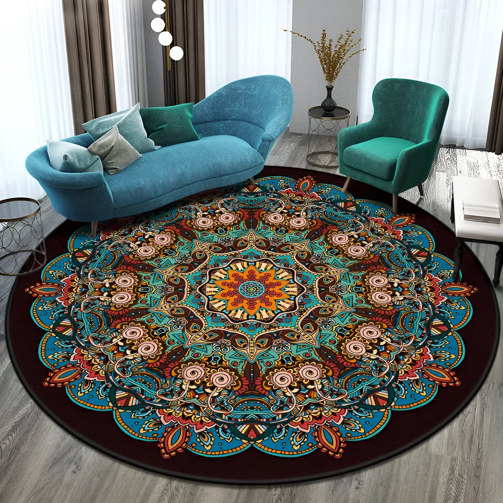 Machine woven round polyester rug with national style pattern in living room setting