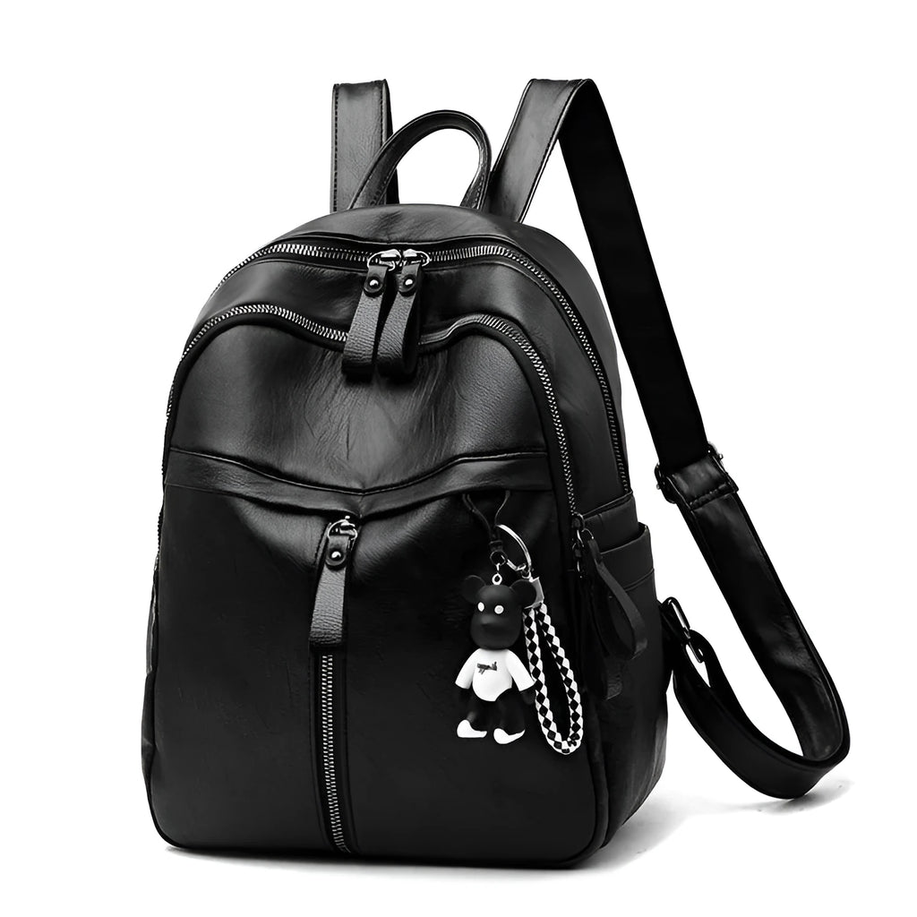 Soft black pu leather backpack with double shoulder straps and a luggage strap attachment