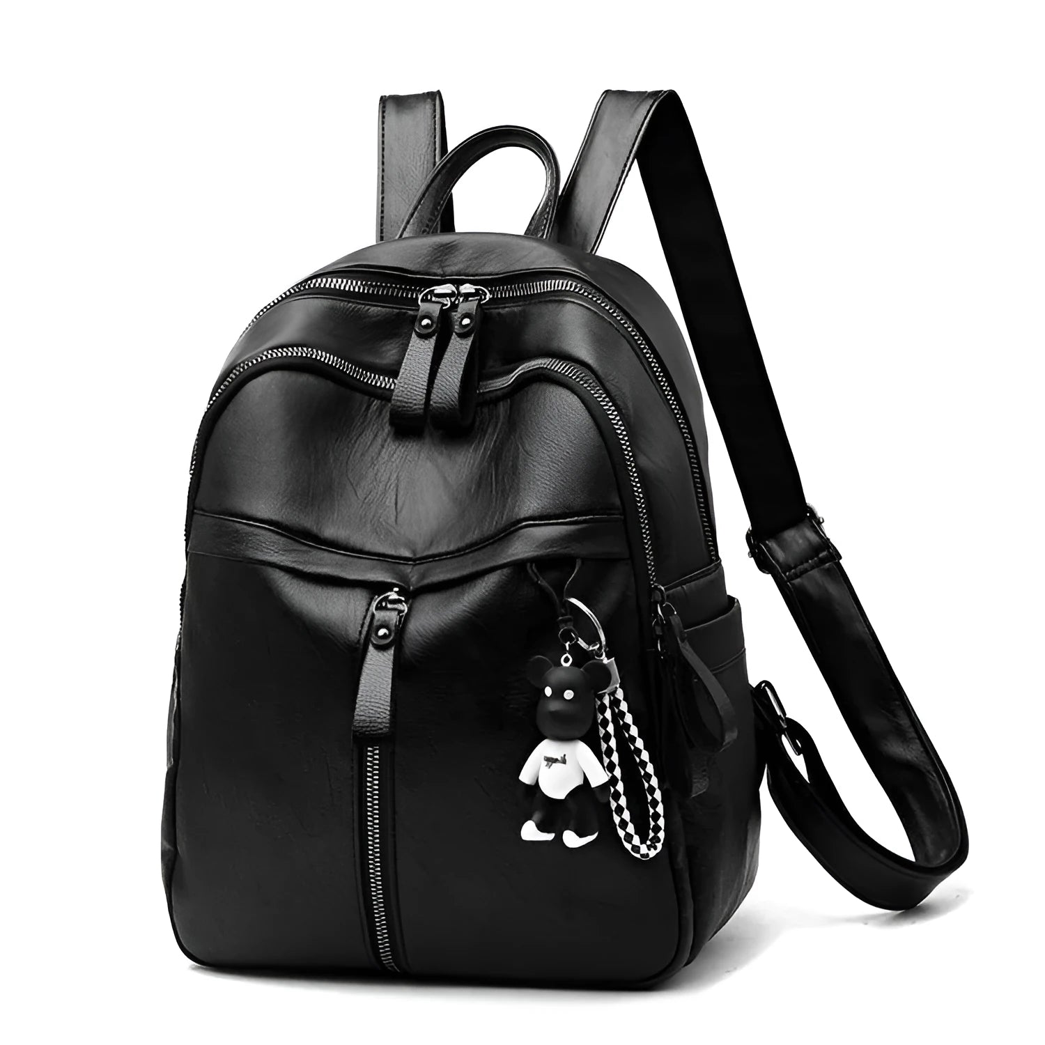 Soft black pu leather backpack with double shoulder straps and a luggage strap attachment