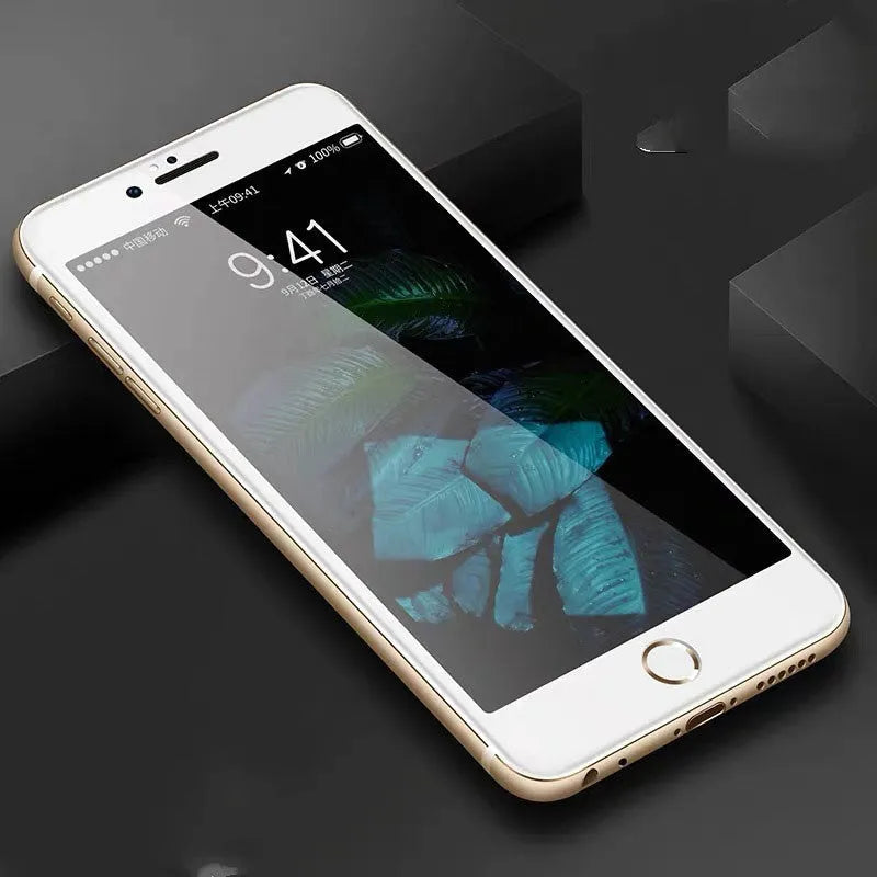 Tempered glass screen protector film for iPhone models on a white background