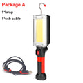 Red portable COB LED flashlight with a magnetic hook on a metal surface.