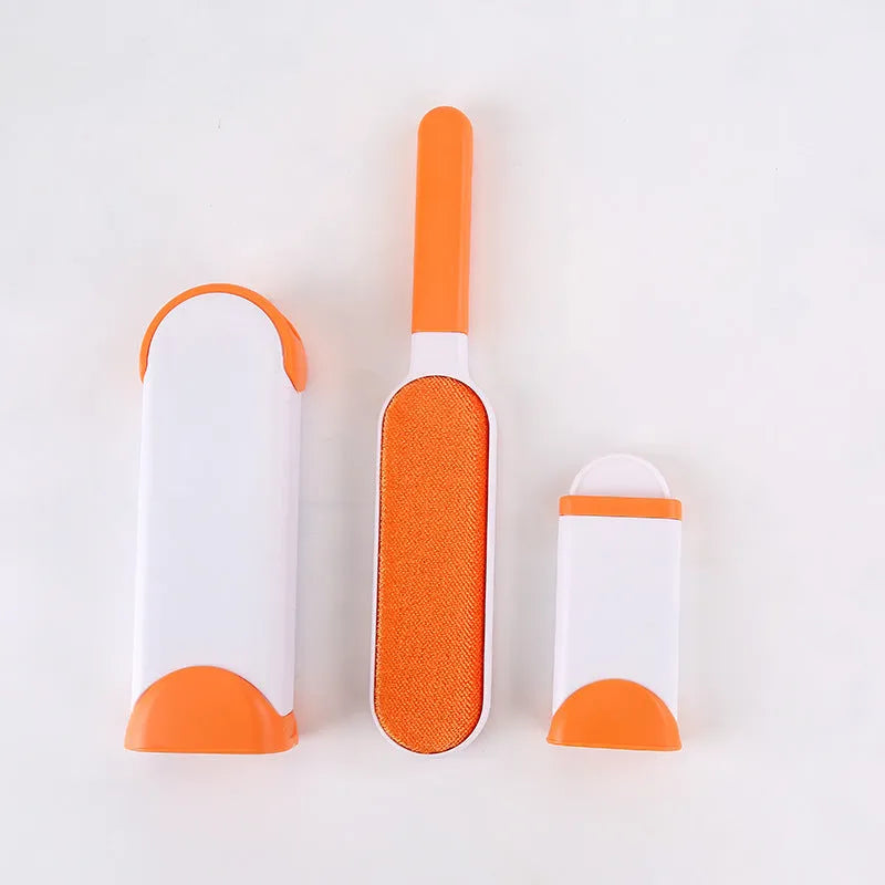 Double-sided reusable pet brush fur comb tool with self-cleaning base in dark blue, grey, light blue, orange, or red